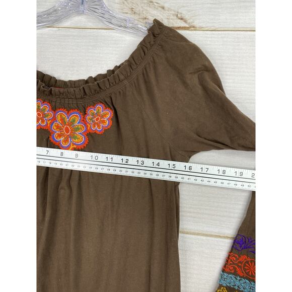 Johnny Was Dress Womens S Brown Cotton Floral Boho Embroidered On/Off Shoulder - Picture 5 of 9
